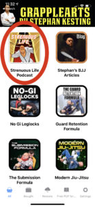 The home page of the Grapplearts BJJ Master App showing the Podcast Player
